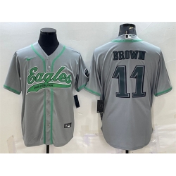 Men Philadelphia Eagles 11 A  J  Brown Grey With Patch Cool Base Stitched Baseball Jersey