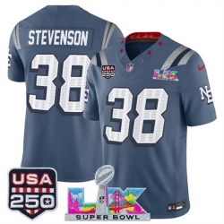 Men New England Patriots 38 Rhamondre Stevenson Storm Blue 2025 F U S E  Super Bowl LX  USA 250 Patch  Rivalries Vapor Limited Football Stitched Jersey