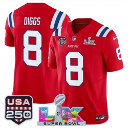 Men New England Patriots 8 Stefon Diggs Red 2025 F U S E  Super Bowl LX Patch And USA 250 27 Patch Vapor Limited Football Stitched Jersey