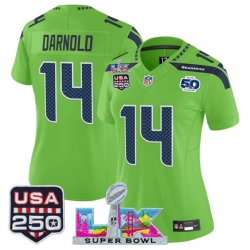 Women Seattle Seahawks 14 Sam Darnold Green 2025 F U S E  Super Bowl LX Patch And 50th Season  26 USA 250 27 Patch Vapor Limited Football Stitched Jersey 