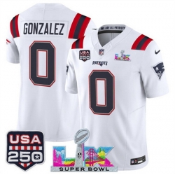 Youth New England Patriots 0 Christian Gonzalez White 2025 F U S E  Super Bowl LX Patch And USA 250 27 Patch Vapor Limited Stitched Football Jersey