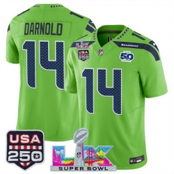 Men Seattle Seahawks 14 Sam Darnold Green 2025 F U S E  Super Bowl LX Patch And 50th Season  USA 250 Patch Vapor Limited Football Stitched Jersey