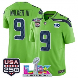 Men Seattle Seahawks 9 Kenneth Walker III Green 2025 F U S E  Super Bowl LX Patch And 50th Season  USA 250 Patch Vapor Limited Football Stitched Jersey