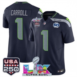 Youth Seattle Seahawks 1 Pete Carroll Navy 2025 F U S E  Super Bowl LX Patch And 50th Season  USA 250 Patch Vapor Limited Stitched Football Jersey