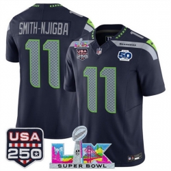 Youth Seattle Seahawks 11 Jaxon Smith Njigba Navy 2025 F U S E  Super Bowl LX Patch And 50th Season  USA 250 Patch Vapor Limited Stitched Football Jersey