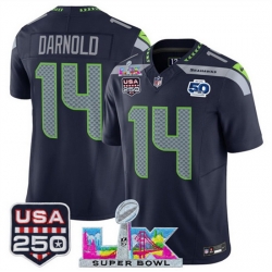 Youth Seattle Seahawks 14 Sam Darnold Navy 2025 F U S E  Super Bowl LX Patch And 50th Season  USA 250 Patch Vapor Limited Stitched Football Jersey