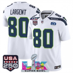 Youth Seattle Seahawks 80 Steve Largent White 2025 F U S E  Super Bowl LX Patch And 50th Season  USA 250 Patch Vapor Limited Stitched Football Jersey