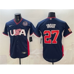 Men USA Baseball  27 Mike Trout Navy 2026 World Baseball Classic United States 250th Anniversary Patch Road Stadium Stitched Jersey