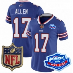 Women Buffalo Bills 17 Josh Allen Blue 2025 F U S E Farewell Season Gold Shield Patch Stitched Football Jersey