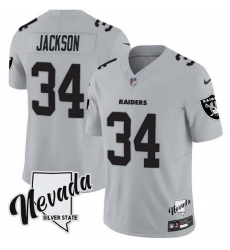 Men Las Vegas Raiders 34 Bo Jackson Grey F U S E With Nevada Silver Stat Patch Vapor Stitched Football Jersey Men Las Vegas Raiders 34 Bo Jackson Grey F U S E With Nevada Silver Stat Patch Vapor Stitched Football Jersey