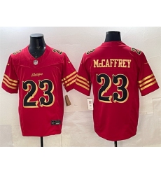 Men San Francisco 49ers 23 Christian McCaffrey Red Gold 2025 F U S E Rivalries Vapor Limited Stitched Football Jersey