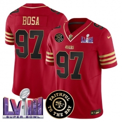 Men San Francisco 49ers 97 Nick Bosa Red 2025 F U S E  Faithful  26 Super Bowl LVIII Patch Vapor Limited Stitched Football Jersey