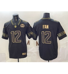 Men Seattle Seahawks 12 Fan Black Gold 2025 F U S E  50th Season Patch Limited Stitched Football Jersey