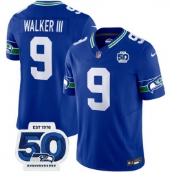 Men Seattle Seahawks 9 Kenneth Walker III Royal 2025 F U S E 50th Anniversary Patch Throwback Vapor Limited Stitched Football Jersey