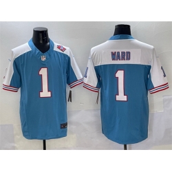 Men Tennessee Titans 1 Cameron Ward Blue White 2025 Draft F U S E  1997 Throwback Patch Vapor Limited Stitched Football Jersey