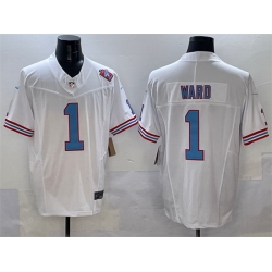 Men Tennessee Titans 1 Cameron Ward White 2025 Draft F U S E  1997 Throwback Patch Vapor Limited Stitched Football Jersey
