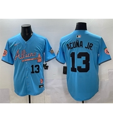 Men Atlanta Braves 13 Ronald Acua Jr  Blue 2024 Atliens  26 Peach With Outkast Patch Vapor Limited Stitched Baseball Jersey