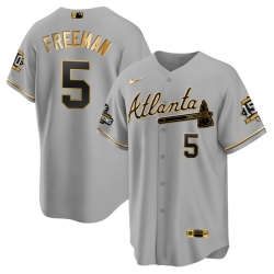Men Atlanta Braves 5 Freddie Freeman 2021 Grey Gold World Series Champions With 150th Anniversary Patch Cool Base Stitched Jersey