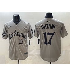 Men Los Angeles Dodgers 17 Shohei Ohtani Grey LA Gothic Style With 2025 World Series Champions Patch Limited Stitched Baseball Jersey Men Los Angeles Dodgers 17 Shohei Ohtani Grey LA Gothic Style With 2025 World Series Champions Patch Limited Stitched Baseball Jersey