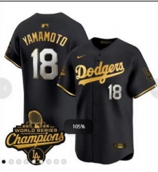 Men Los Angeles Dodgers 18 Yoshinobu Yamamoto Black 2025 World Series Champions Patch Cool Base Stitched Baseball Jersey