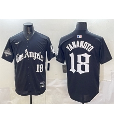 Men Los Angeles Dodgers 18 Yoshinobu Yamamoto Black LA Gothic Style With 2025 World Series Champions Patch Limited Stitched Baseball Jersey