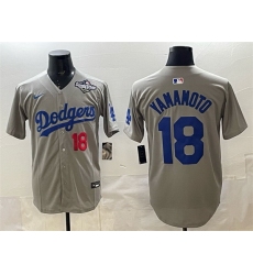 Men Los Angeles Dodgers 18 Yoshinobu Yamamoto Grey 2025 World Series Patch Limited Stitched Baseball Jersey