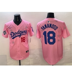 Men Los Angeles Dodgers 18 Yoshinobu Yamamoto Pink 2025 World Series Champions Patch Tokyo Series Limited Stitched Baseball Jersey