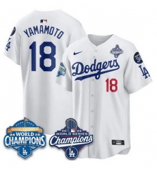 Men Los Angeles Dodgers 18 Yoshinobu Yamamoto White 2025 World Series Champions  26 Back to Back Champions With No 34 Patch Limited Stitched Baseball Jerse