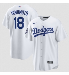 Men Los Angeles Dodgers 18 Yoshinobu Yamamoto White 2025 World Series Champions Patch Cool Base Stitched Baseball Jersey