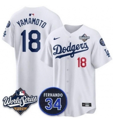 Men Los Angeles Dodgers 18 Yoshinobu Yamamoto White 2025 World Series With No 34 Patch Home Limited Stitched Baseball Jersey