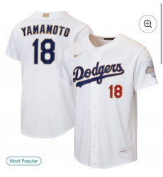 Men Los Angeles Dodgers  18 Yoshinobu Yamamoto White 2026 Chapions Gold Collection  Stitched Baseball Jersey