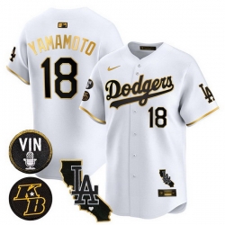 Men Los Angeles Dodgers 18 Yoshinobu Yamamoto White Gold 2025 Vin  26 Kobe Patch Vapor Limited V2 Stitched Baseball Jersey