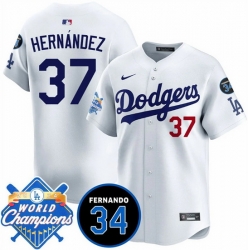 Men Los Angeles Dodgers 37 Teoscar Hernandez White 2024 World Champions  26 Fernando Memorial Patch Vapor Premier Home Limited Stitched Baseball Jersey