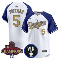 Men Los Angeles Dodgers 5 Freddie Freeman White Royal Gold 2024 World Series Champions With Vin Scully  26 34 Fernando Patch Vapor Limited Stitched Basebal