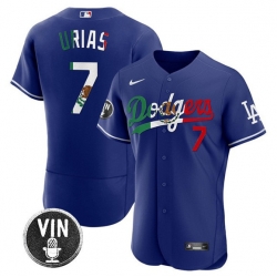 Men Los Angeles Dodgers 7 Julio Urias Royal Mexico Special Vin Scully Patch Flex Base Stitched Baseball Jersey