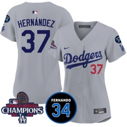 Women Los Angeles Dodgers 37 Teoscar Hernandez Gray 2024 World Series Champions With Fernando Memorial Patch Vapor Premier Limited Stitched Baseball Jersey