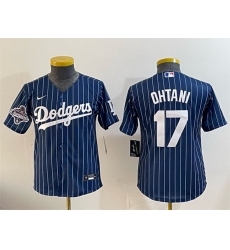 Youth Los Angeles Dodgers 17 Shohei Ohtani Navy Pinstripe 2025 World Series Champions Patch Cool Base Stitched Baseball Jersey
