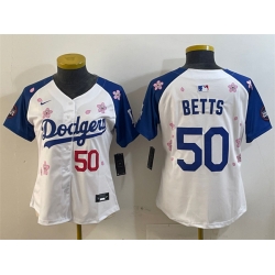 Youth Los Angeles Dodgers 50 Mookie Betts White Royal 2025 Tokyo Series Limited Stitched Baseball Jersey