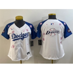 Youth Los Angeles Dodgers Team Big Logo White Royal 2025 Tokyo Series Limited Stitched Baseball Jersey 002