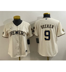 Women Milwaukee Brewers 9 Bob Uecker Cream With Home  26 Bob Uecker Patch Stitched Jersey 28Run Small 29