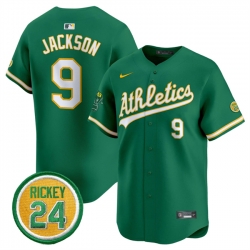 Men Oakland Athletics 9 Reggie Jackson Green 2024 Limited With Rickey Henderson Patch Stitched Jersey
