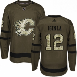 Mens Adidas Calgary Flames 12 Jarome Iginla Authentic Green Salute to Service NHL Jersey 