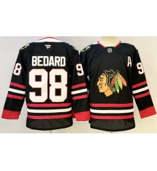 Men Chicago Blackhawks 98 Connor Bedard Black With A Patch Stitched Hockey Jersey
