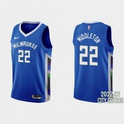 Men Milwaukee Bucks 22 Khris Middleton 2022 23 Blue City Edition Stitched Basketball Jersey