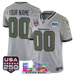 Men Seattle Seahawks Active Player Custom Gray 2025 F U S E Super Bowl LX  US 250th anniversary Patch And 50th Season Patch Rivalries Vapor Limited Footbal