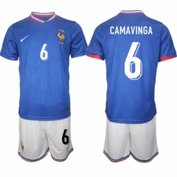 Men France 6 Eduardo Camavinga Blue 2024 25 Home Soccer Jersey Suit