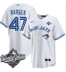 Men Toronto Blue Jays 47 Addison Barger Cool Base Stitched Baseball Jersey White Men Toronto Blue Jays 47 Addison Barger Cool Base Stitched Baseball Jersey White