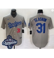 Men Los Angeles Dodgers 31 Tyler Glasnow Cool Base 2025 World Champions Stitched Baseball Jersey Gray