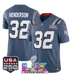 Men New England Patriots 32 TreVeyon Henderson Storm Blue 2025 F U S E  Super Bowl LX  USA 250 Patch  Rivalries Vapor Limited Football Stitched Jersey