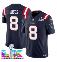Men New England Patriots 8 Stefon Diggs Navy 2025 F U S E  Super Bowl LX Patch Vapor Limited Stitched Football Jersey